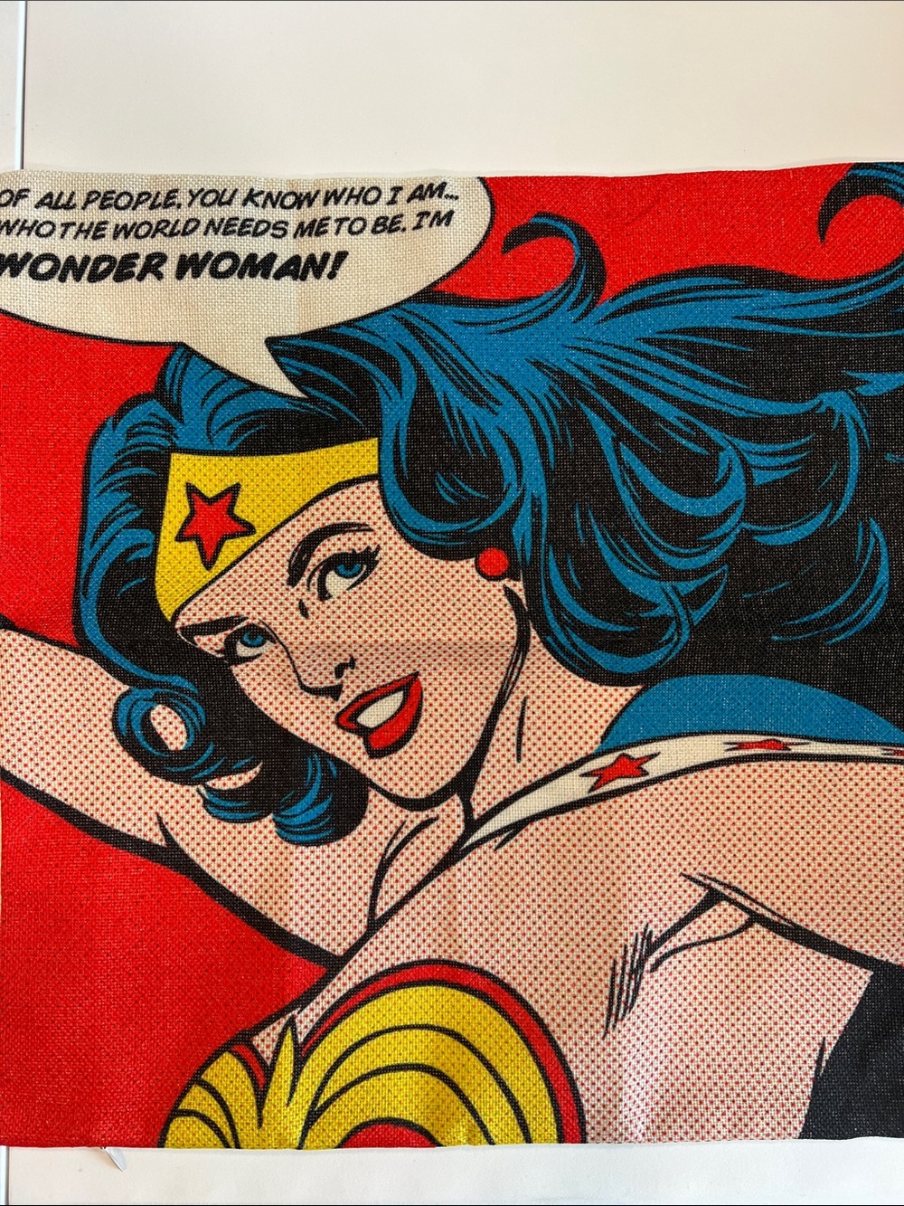 Wonder Woman Pop Art Natural Woven Pillow Case - Red, Blue, Yellow